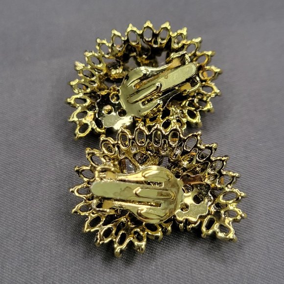 Womens Curved Clip On Earrings Light Brown White Rhinestones Gold Filigree 1" L - Picture 5 of 8